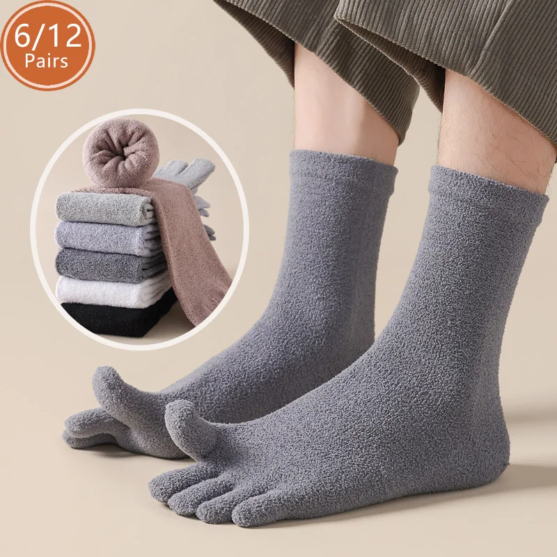 Toe Sock Split - 6足入り、厚手のサーマル素材を使用した、指が分かれた靴下。男性用、無地、ふわふわ、抗菌、通気性、暖かく、普段使いやビジネスシーンにも適した、5本指タイプの冬用靴下。