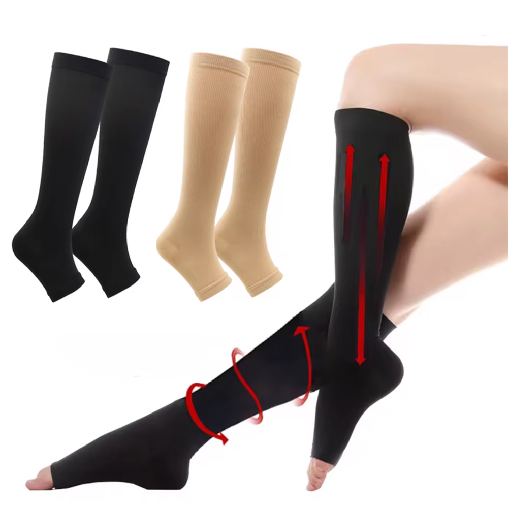 Compression Sleeve Calf - 段階的圧迫力を持つ、つま先が開いた膝丈の伸縮性のある医療用カーフコンプレッションストッキング。静脈瘤の改善に効果的。S～XLサイズ。